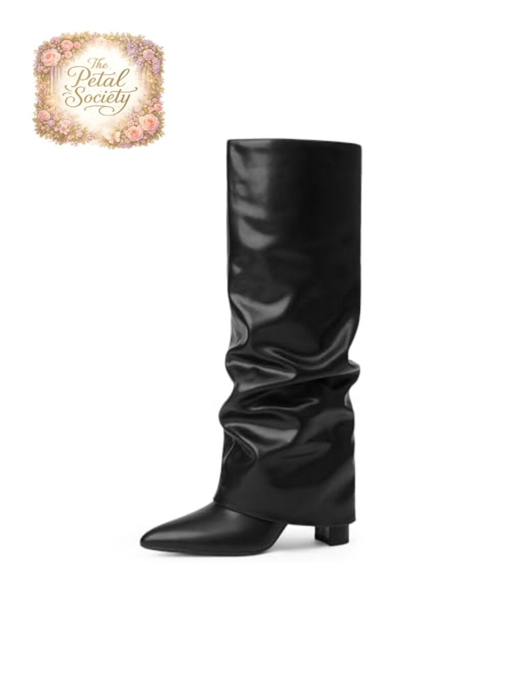 Knee High Boots Women Faux Leather Chunky Heel Pointed Toe Tall Fold Over